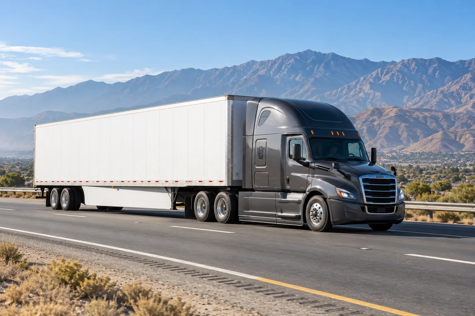 Illustrative American tractor-trailer on a Southern California road